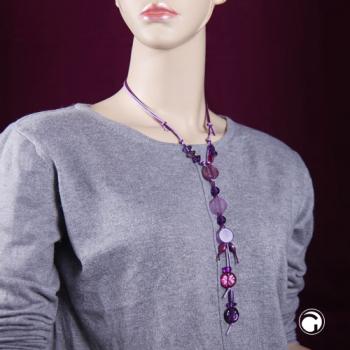 Kette flache lila Perlen Kunststoff mit 2-fach lila Kordel 80cm