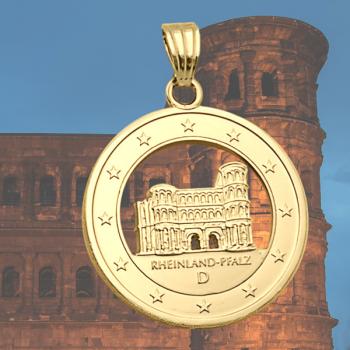 Anhänger vergoldet aus einer ausgesägten 2-Euro Münze Deutschland Porta Nigra